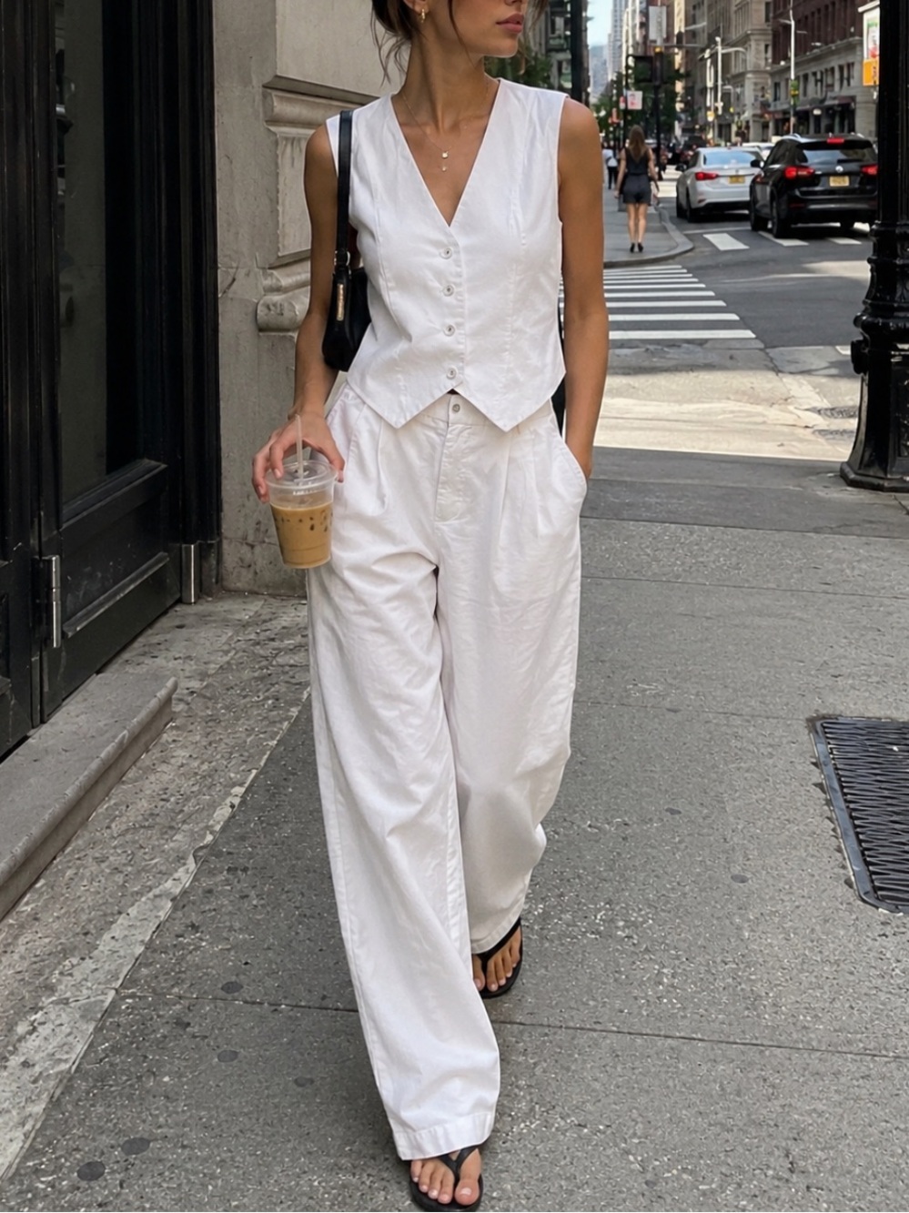 Commense White High-Rise Wide-Leg Trousers + vest set. 100%cotton